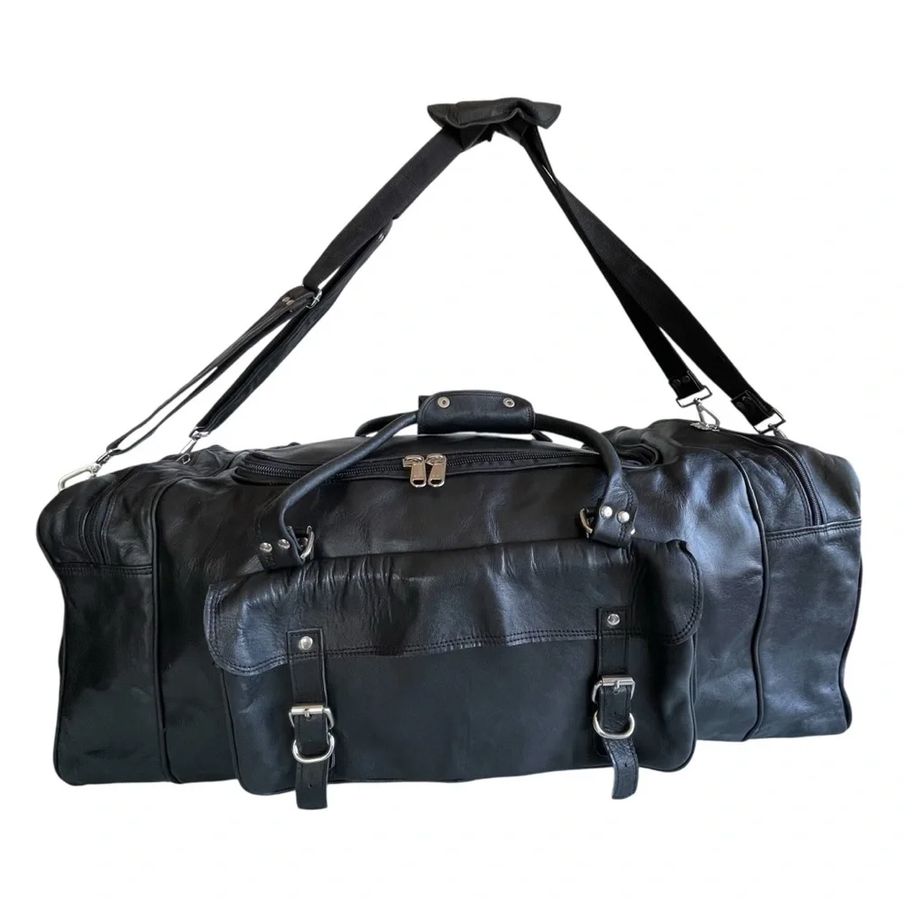 Black Leather Weekender Duffel Bag - Unbranded